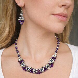 Purple & Silver Crystal Necklace Bracelet Earring Set – Pre-Owned